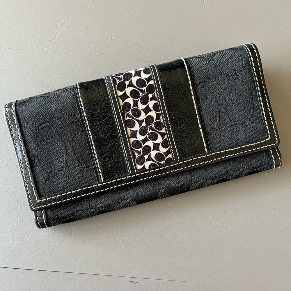 Vintage Coach Signature C Canvas Leather Long Trifold Wallet Black Logo Y2K Vtg - Picture 6 of 16